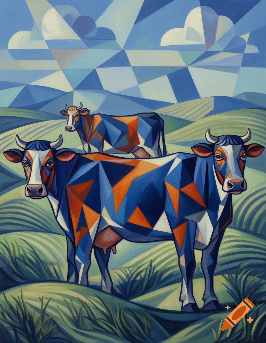 Two cows painted in a geometric Cubist style, standing in a green field under a blue sky with clouds.