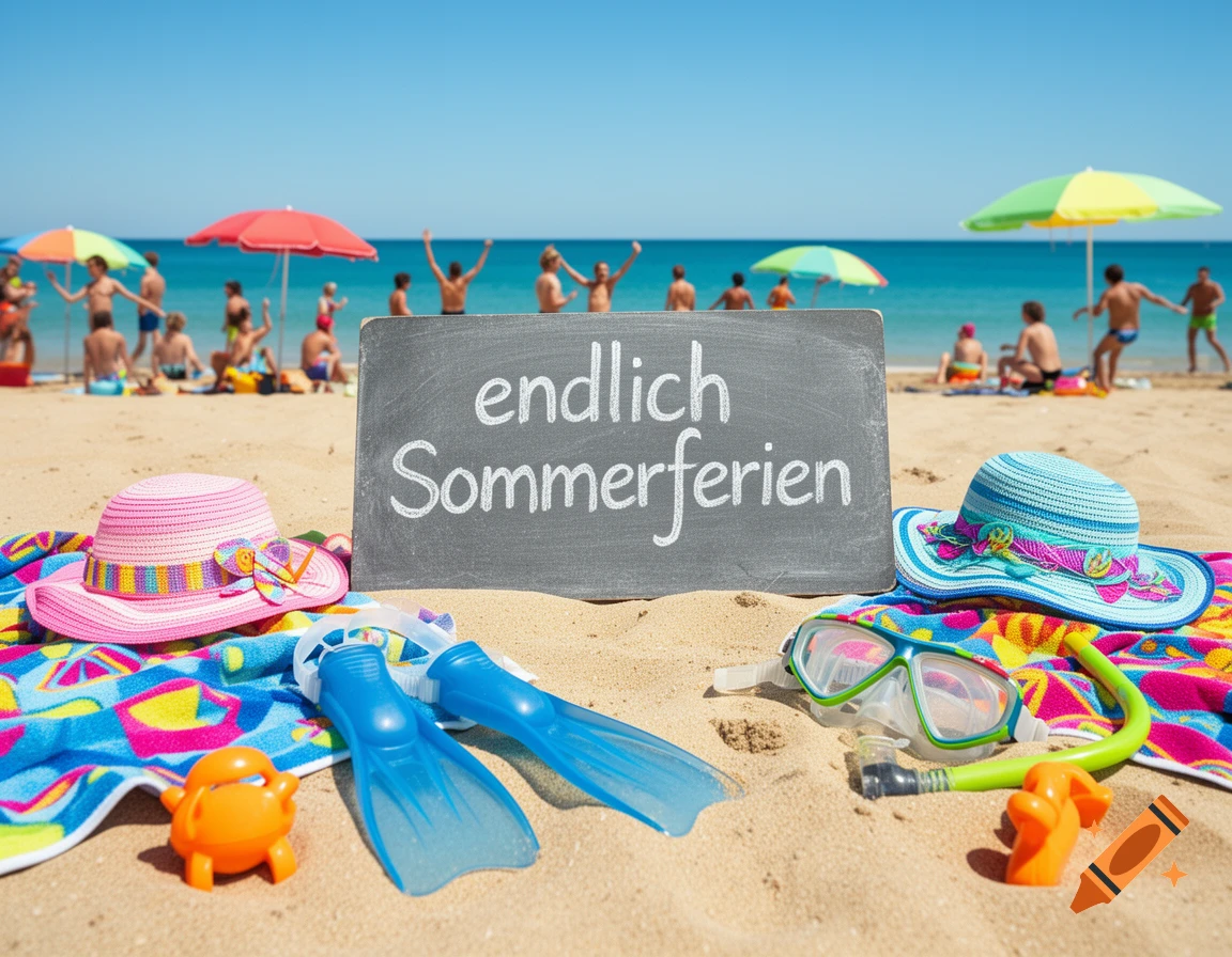 Beach scene with summer hats, fins, and snorkel on the sand, a sign reading 'endlich Sommerferien', and people in the background.