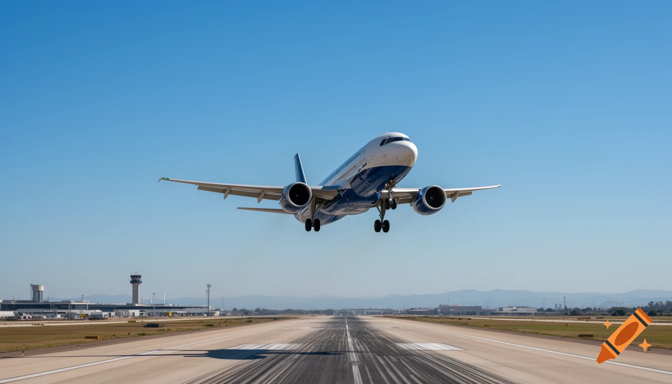 A blue and white passenger airplane takes off from an airport runway under a clear blue sky, with a control tower and terminals in the background.