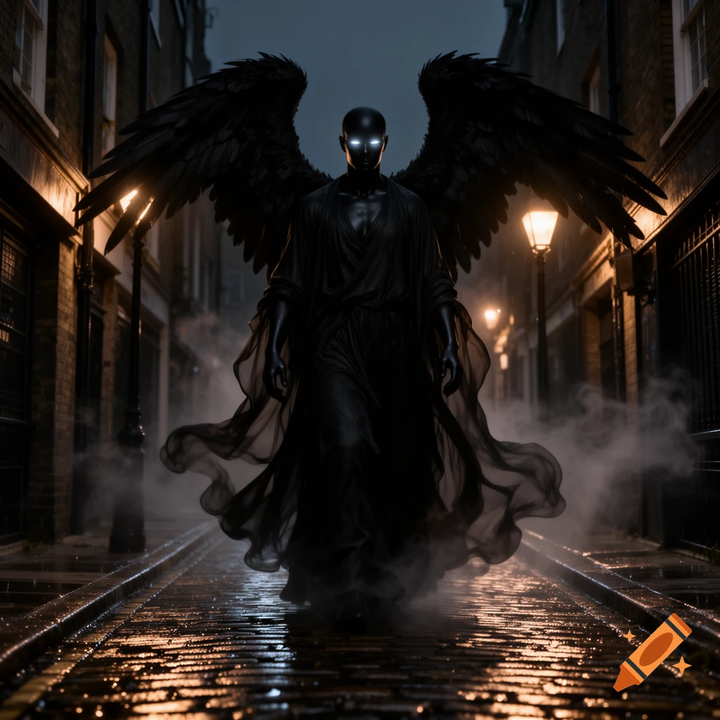A dark, winged angel with glowing eyes walks down a wet, misty cobblestone alley in a dark city, illuminated by streetlights.
