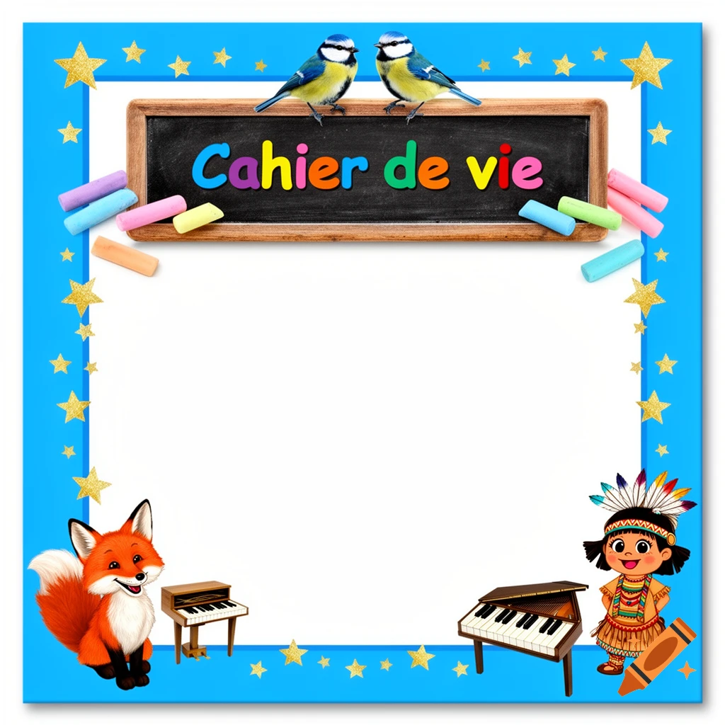A bright blue frame with golden stars, featuring a blackboard with "Cahier de vie", two blue tits, colorful chalks, a cartoon fox, a girl in a feathered headdress, and two pianos.