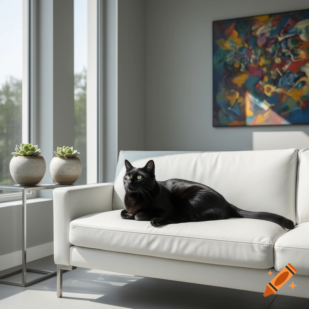 A sleek black cat lies on a modern white sofa in a brightly lit room with large windows and an abstract painting. Photorealistic.