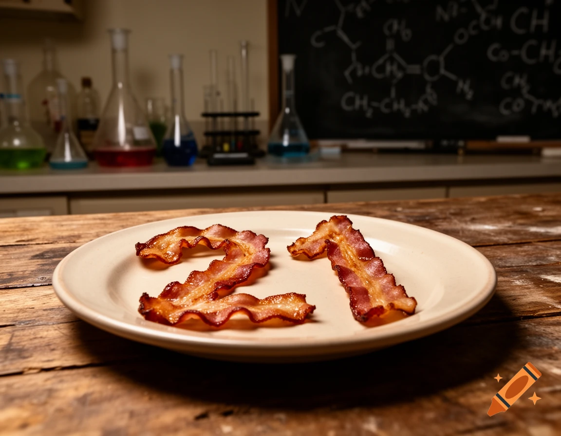 Crispy bacon strips arranged to form the number 21 on a plate, set on a wooden table in a science laboratory with flasks and a blackboard in the background.