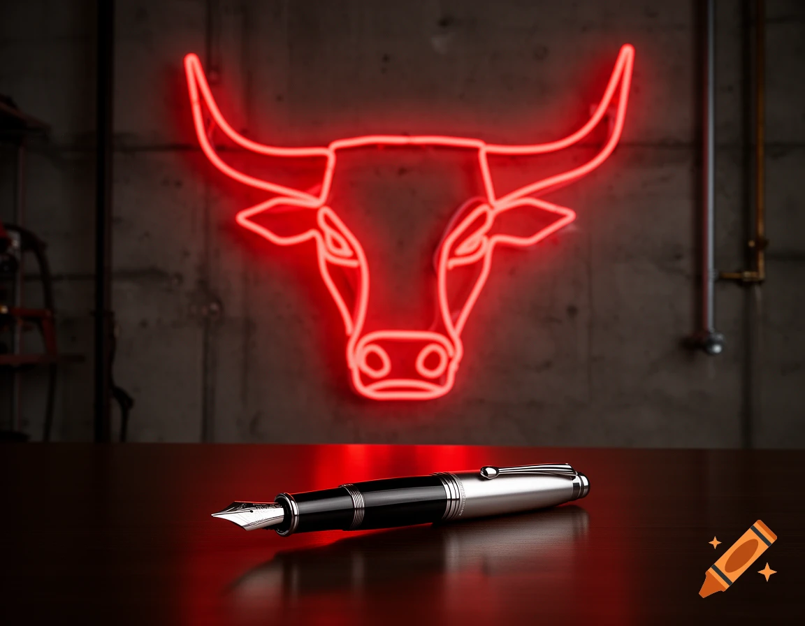 A red neon bull's head sign on a concrete wall with a black and silver fountain pen on a dark wooden table.