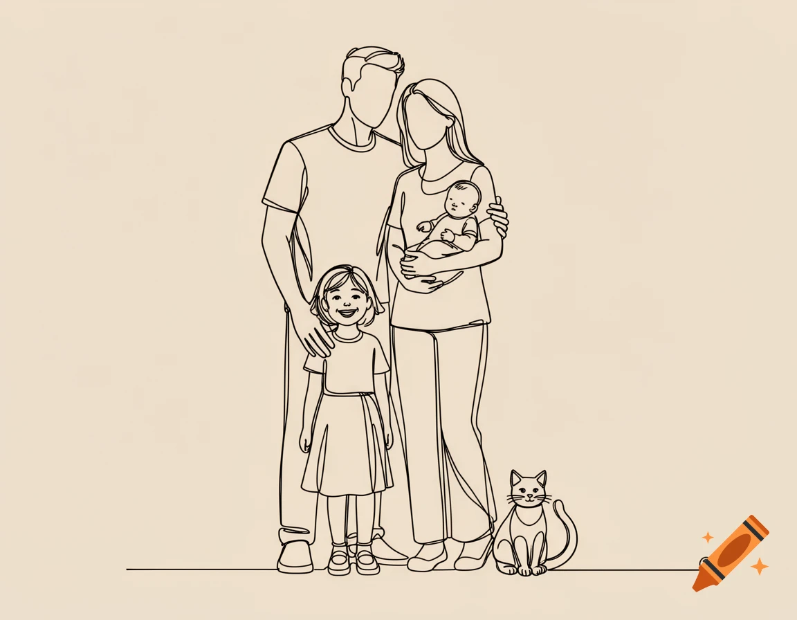 Minimalist line art illustration of a faceless family with two parents, two children, and a cat on a plain background.