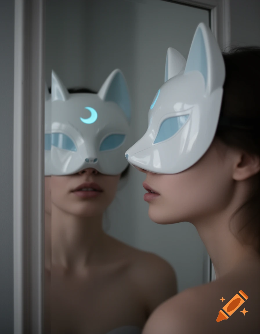 Person in a white kitsune mask with a blue moon sigil reflected in a mirror.