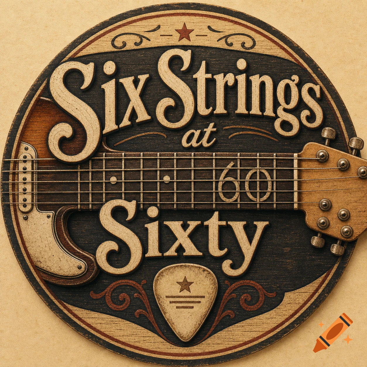 Vintage-inspired wooden logo for 'Six Strings at Sixty', featuring an electric guitar fretboard, strings, and a guitar pick.
