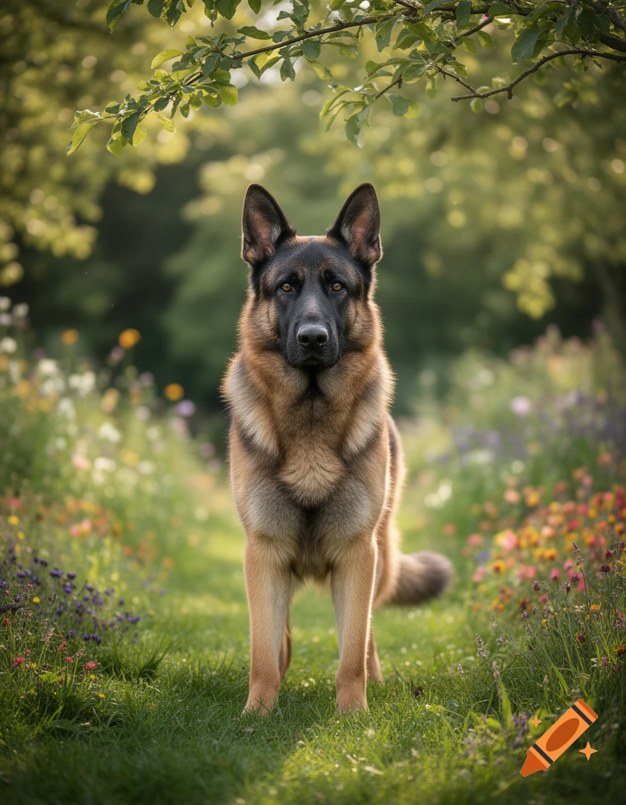 A photorealistic German Shepherd dog stands in a vibrant field of wildflowers under green tree branches, looking at the viewer.