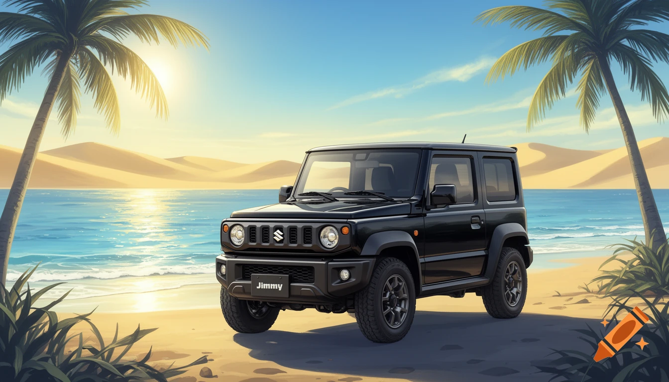 A black Suzuki Jimny SUV is parked on a sandy beach next to the ocean, with palm trees and sand dunes under a sunny sky in an illustrative style.