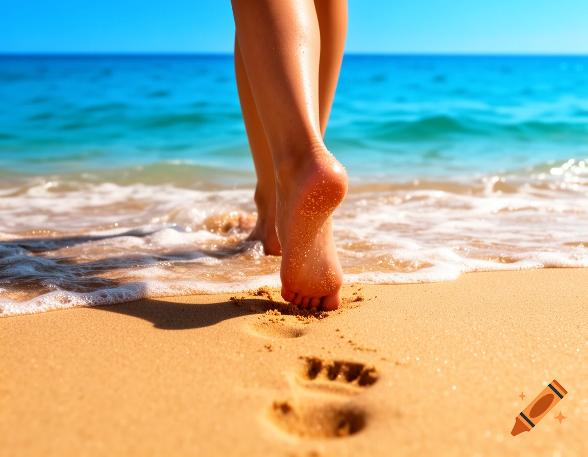 Close-up of bare feet walking along a sandy beach with foamy ocean waves in the background.
