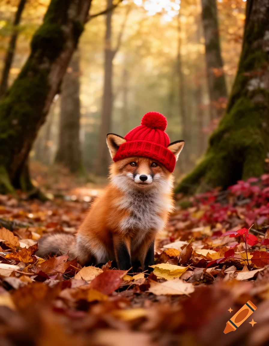 A cute photorealistic fox in a red knit hat with a pom-pom sits among colorful autumn leaves in a sunlit forest.