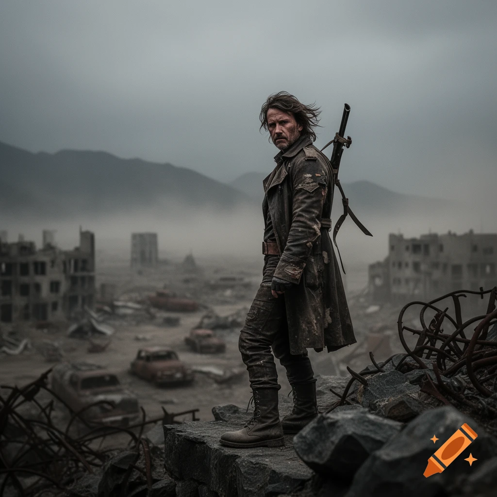 A man in a long trench coat and boots stands on a pile of rubble in a foggy, destroyed city, looking over his shoulder.