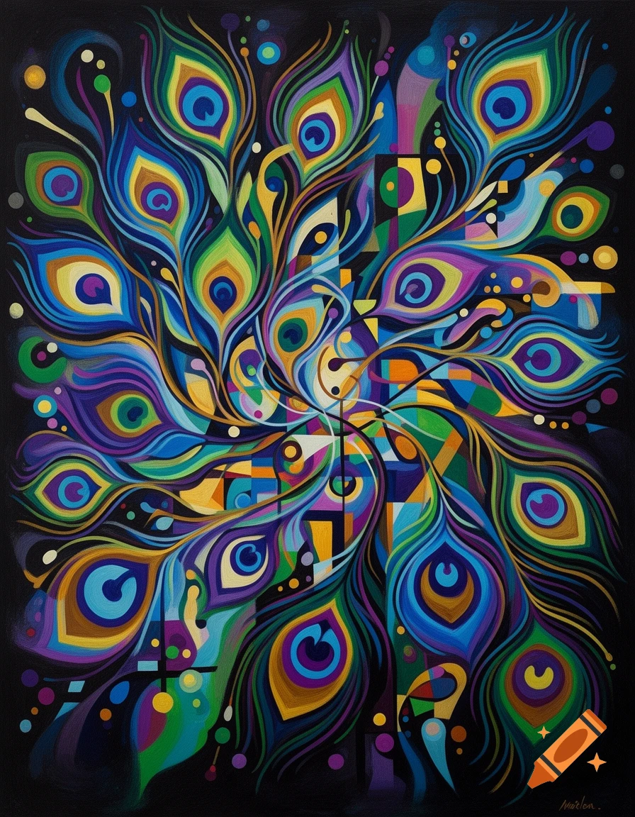 Vibrant abstract painting of peacock feathers in Kandinsky's style, with swirls of blue, green, purple, and yellow on black.