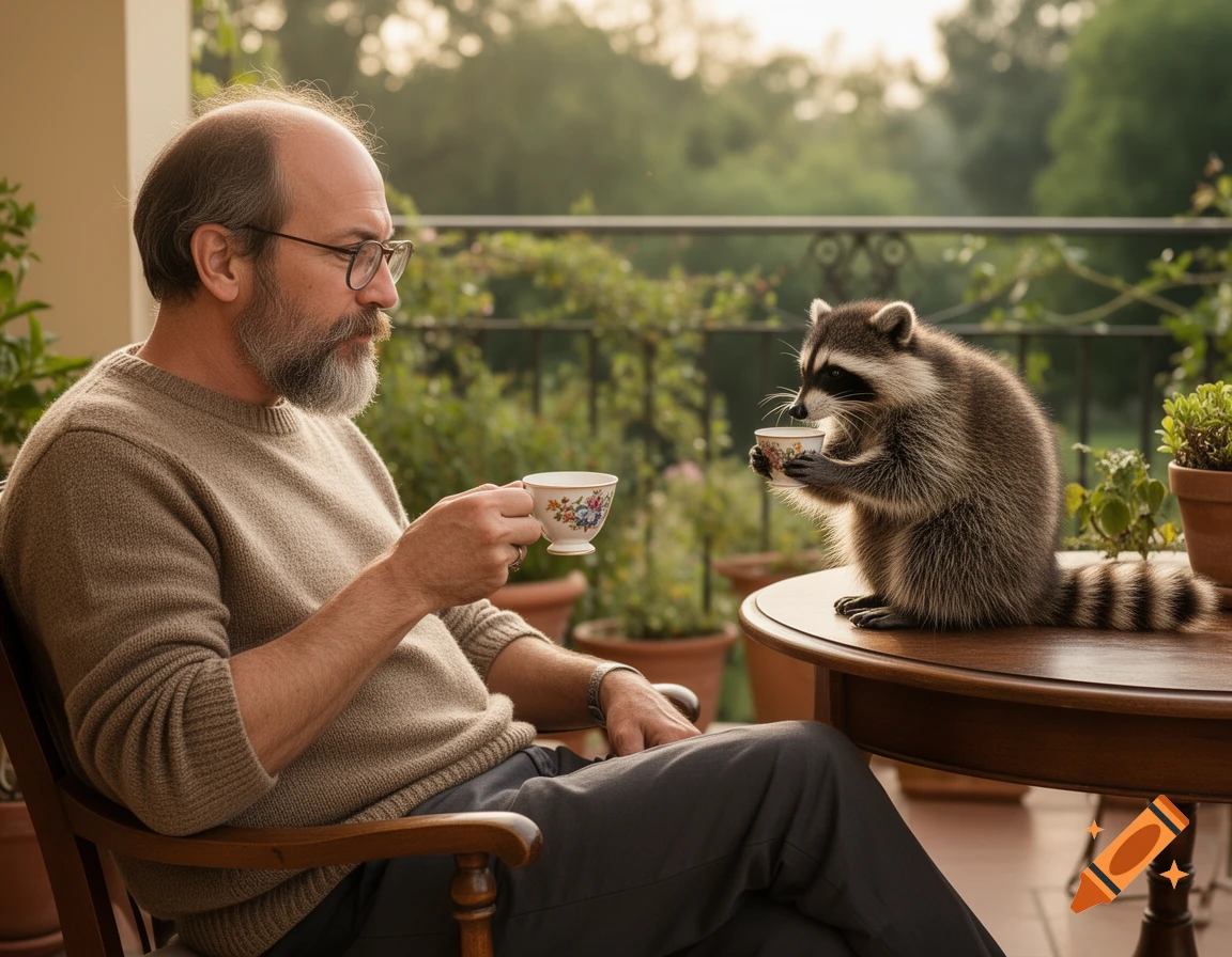 A bearded man in glasses shares coffee with a raccoon on an outdoor terrace, both holding floral teacups.