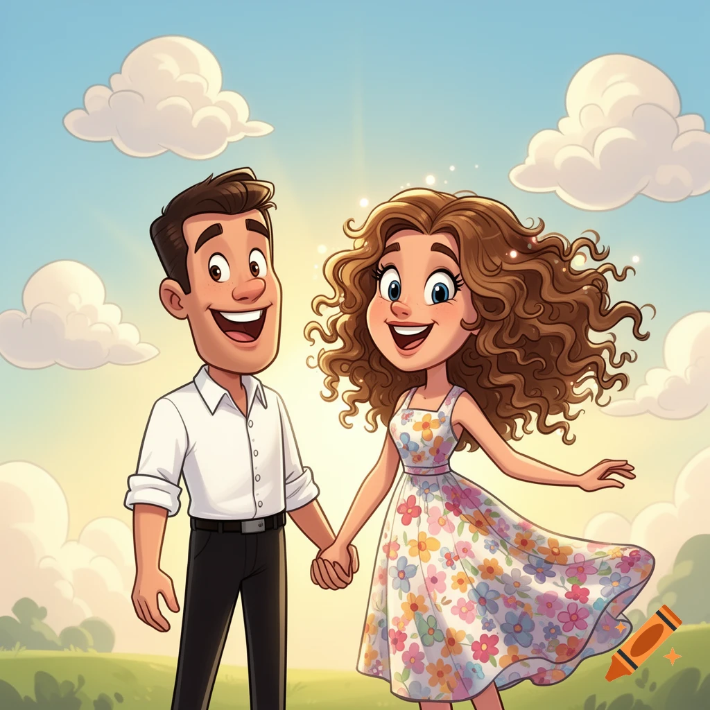 Cartoon man and woman holding hands and smiling in a sunny outdoor field with clouds.
