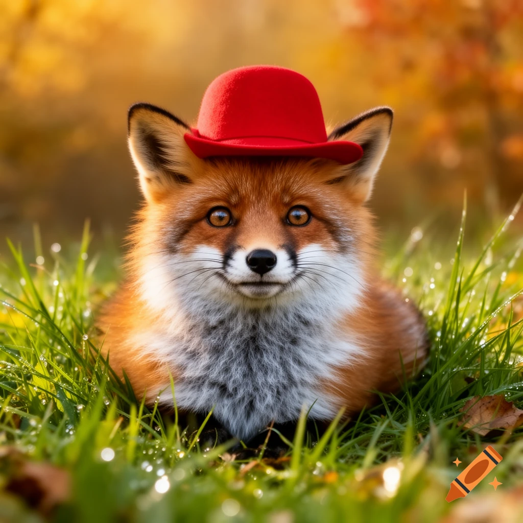 A cute fox wearing a red hat, sitting in dewy green grass with a blurred autumn forest background.