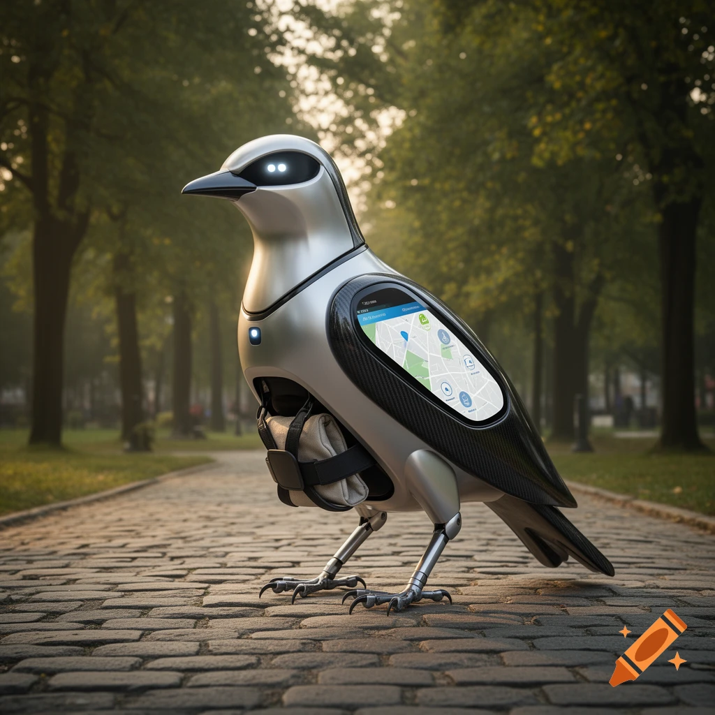 Photorealistic image of a sleek, silver and black robot bird with glowing eyes and a navigation screen on its side, standing on a cobblestone path in a park.