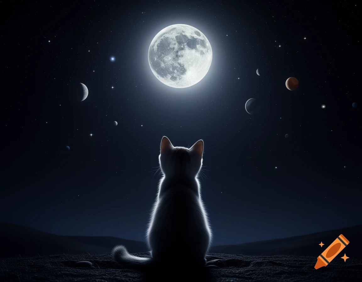 A silhouetted cat sits looking up at a large full moon, stars, and planets in a dark night sky.