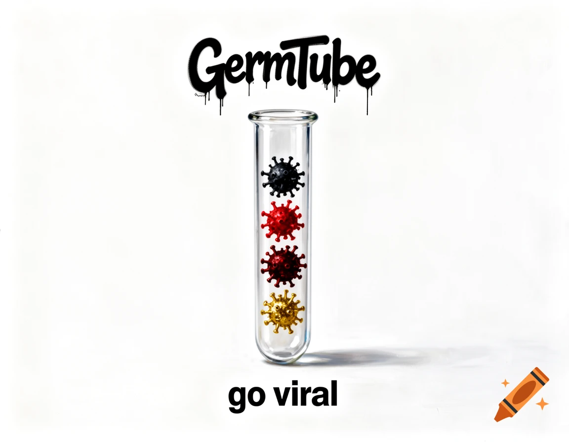 A clear test tube contains three virus-like shapes, black, red, and gold. Above it reads "GermTube", and below it reads "go viral".