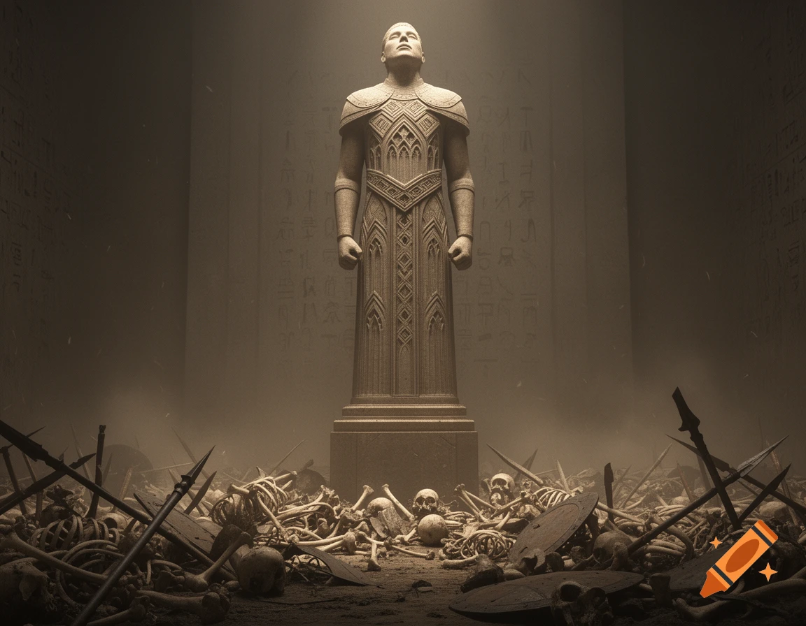 A massive, intricately carved stone statue stands rigidly on a pedestal amidst a vast pile of human bones and broken weapons in a dusty, dimly lit ancient ruin.