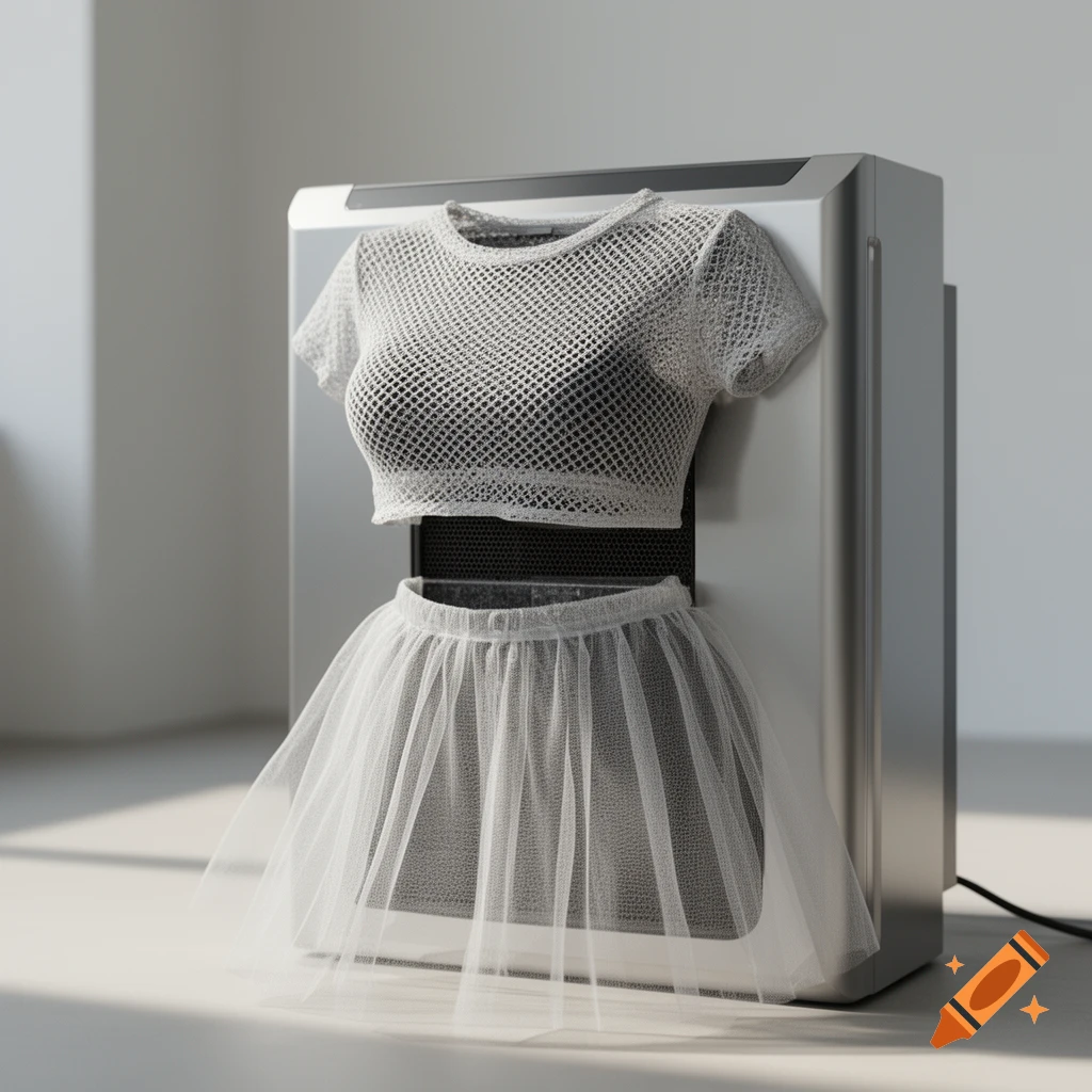A white mesh crop top and a white tulle skirt draped over a modern silver machine in a brightly lit room.