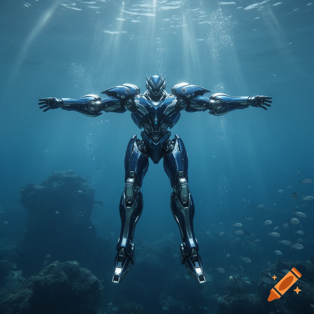 A photorealistic blue and silver armored mech in a T-pose floats underwater amidst sunlit rays, rocks, and small fish.