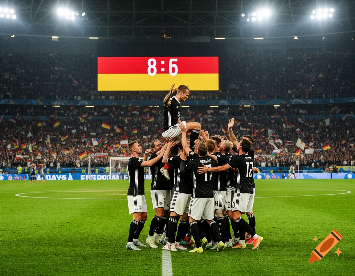 German football players celebrate a victory in a crowded stadium, lifting one player high into the air as a scoreboard shows 8:5.
