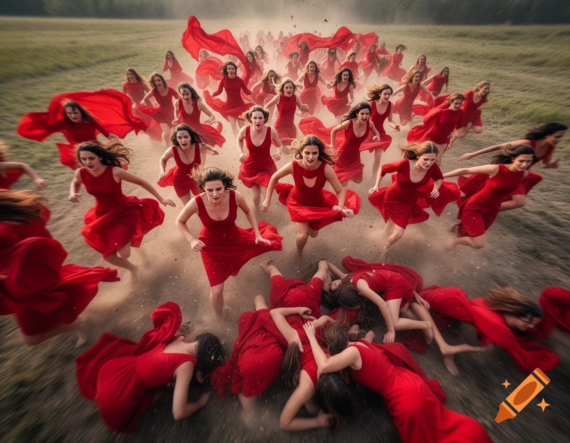 A chaotic stampede of many women in vibrant red dresses running and falling in a dusty, open field.