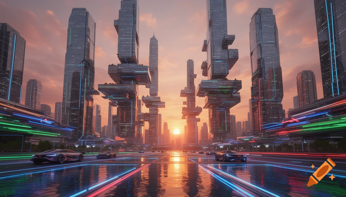 Futuristic cityscape with sleek cars on a neon-lit wet road at sunset, surrounded by towering, angular buildings.