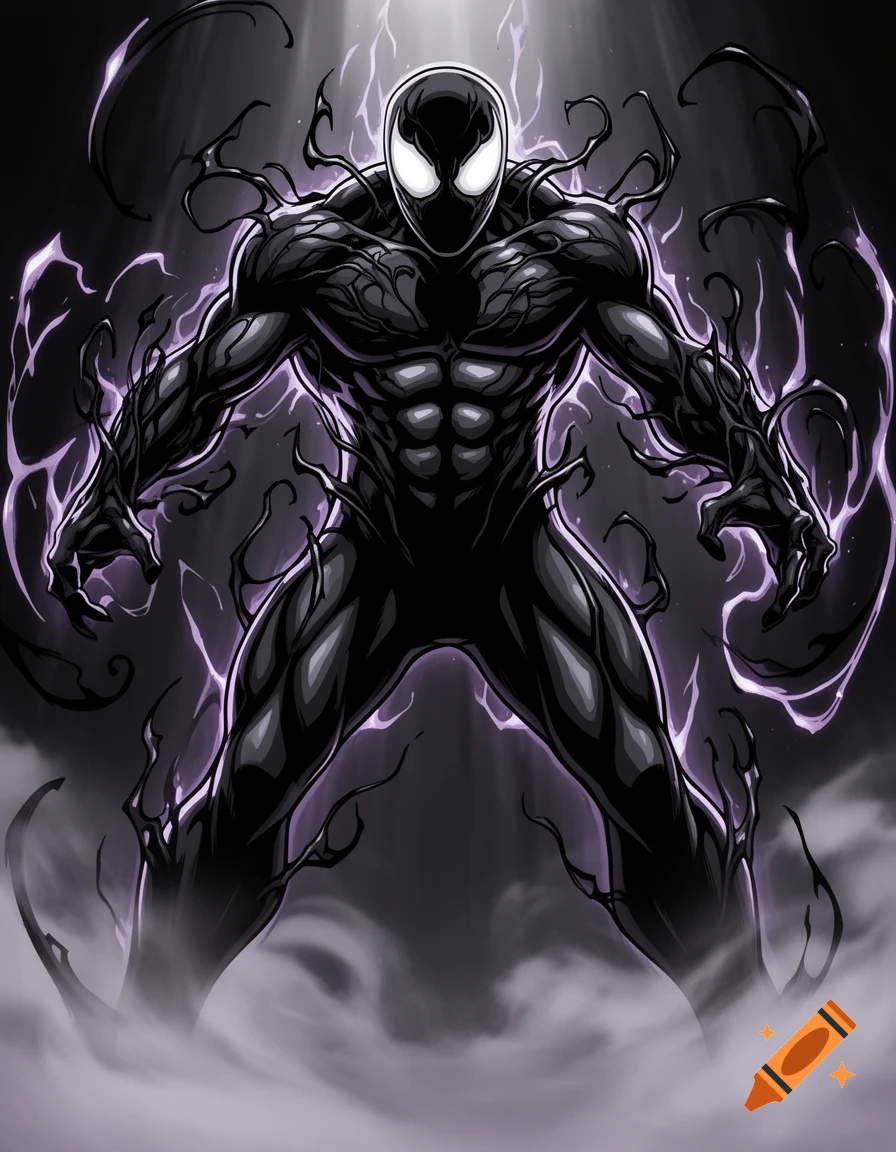 Comic book illustration of the black Venom symbiote with glowing white eyes, surrounded by purple lightning and smoke.