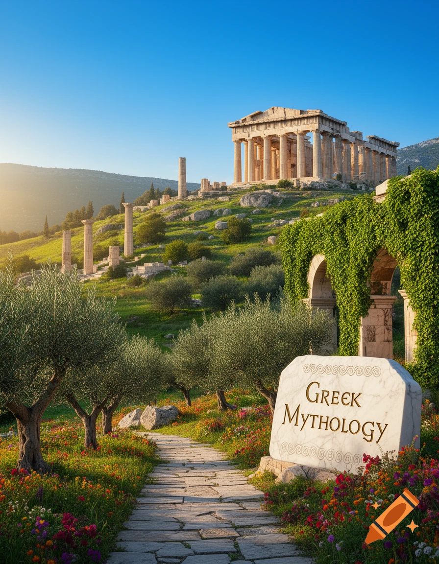 Ancient Greek temple ruins on a sunny green hillside, a stone path leading to a 'Greek Mythology' sign among olive trees and wildflowers.