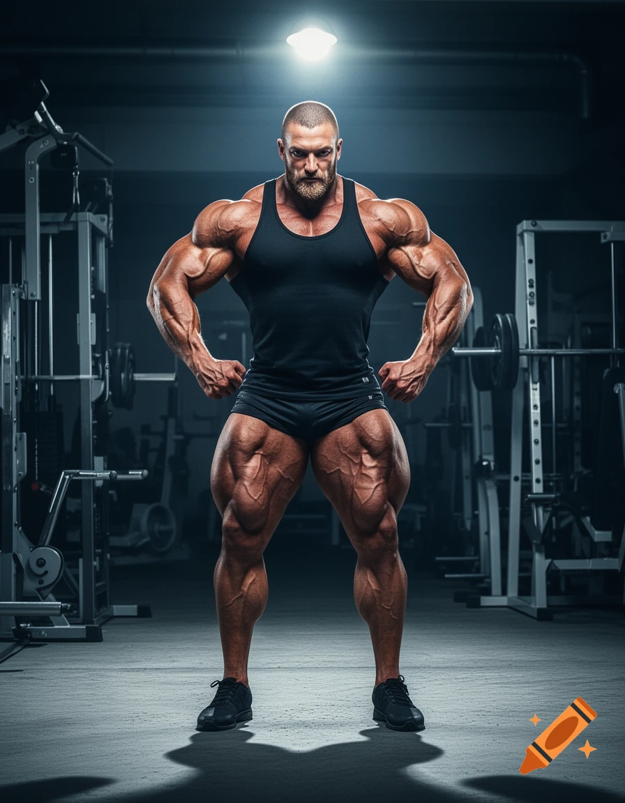 A highly muscular bodybuilder in a black tank top and shorts poses in a dimly lit gym.
