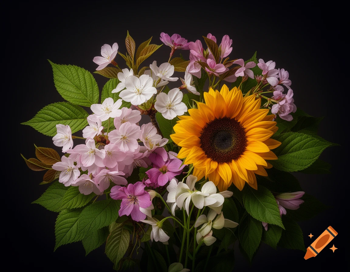 A vibrant bouquet featuring a large yellow sunflower, pink cherry blossoms, and various white flowers with green leaves on a dark background.