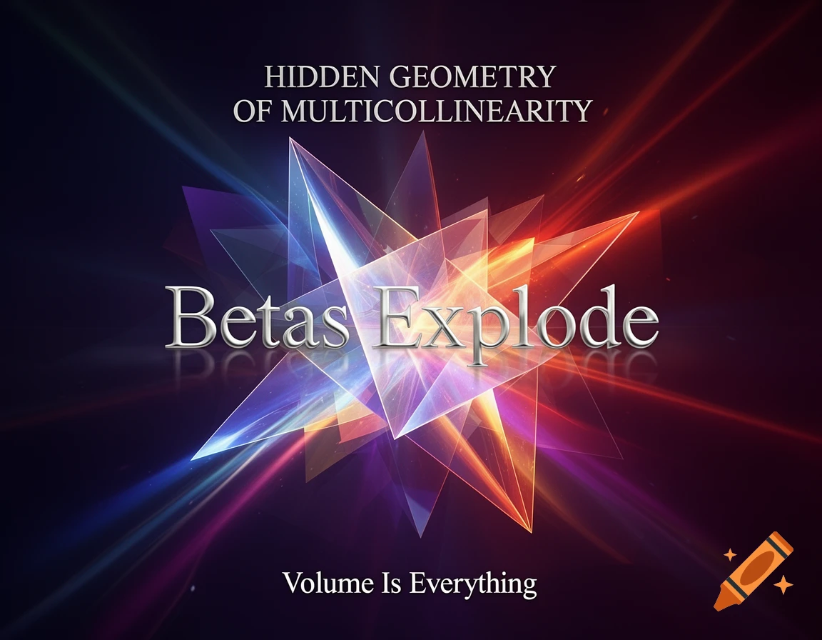 Abstract graphic with glowing geometric shapes in blue, purple, orange, and red, featuring the text "HIDDEN GEOMETRY OF MULTICOLLINEARITY", "Betas Explode", and "Volume Is Everything".