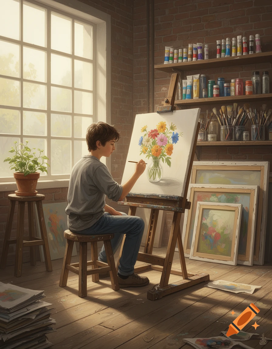 A young boy sits on a stool, painting a colorful vase of flowers on an easel in a sunlit art studio.