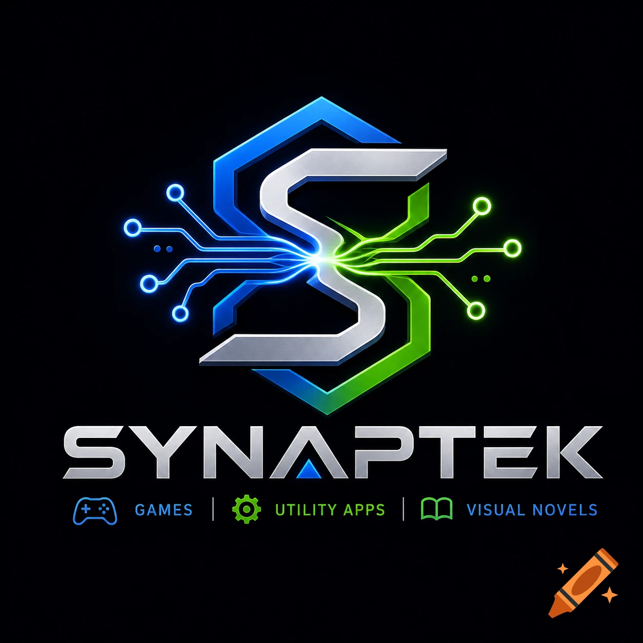A futuristic blue, silver, and green 'S' logo with circuit board lines, above 'SYNAPTEK' and categories 'GAMES', 'UTILITY APPS', 'VISUAL NOVELS'.