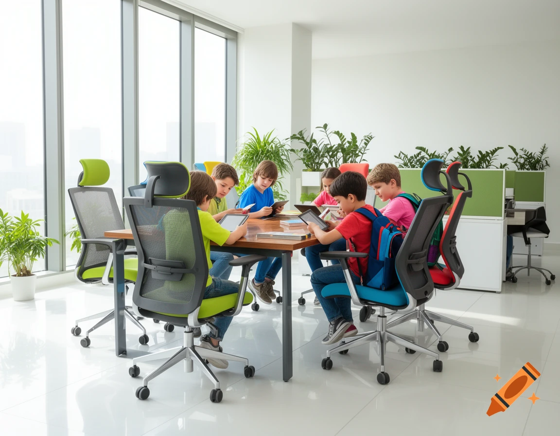 Children sit at a wooden table in a bright modern room, using tablets. Some wear backpacks on colorful office chairs.