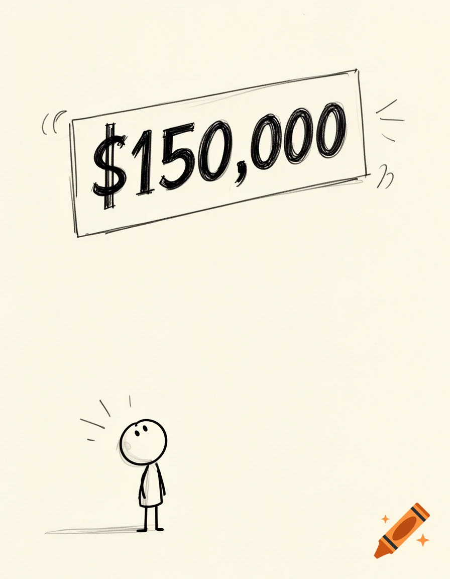 A minimalist stick figure looks up at a large hand-drawn sign displaying "$150,000".