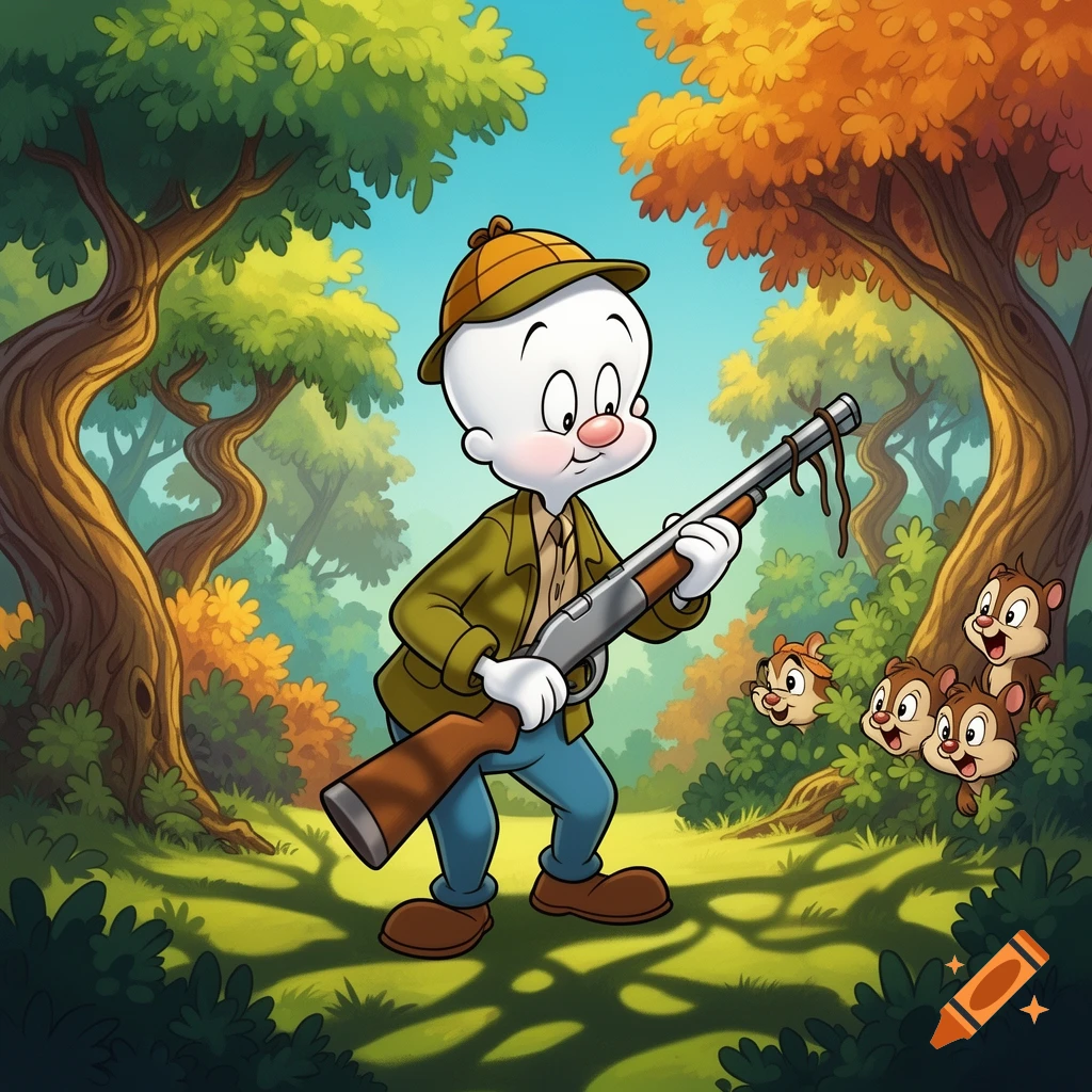 A cartoon Elmer Fudd-like character with a hunting cap holds a rifle in a colorful forest as chipmunks peek from bushes.