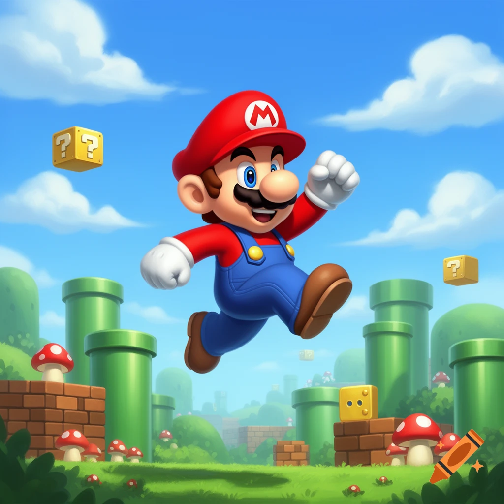 Cartoon Mario jumps in a vibrant video game landscape with green pipes, brick blocks, question mark blocks, and red mushrooms.