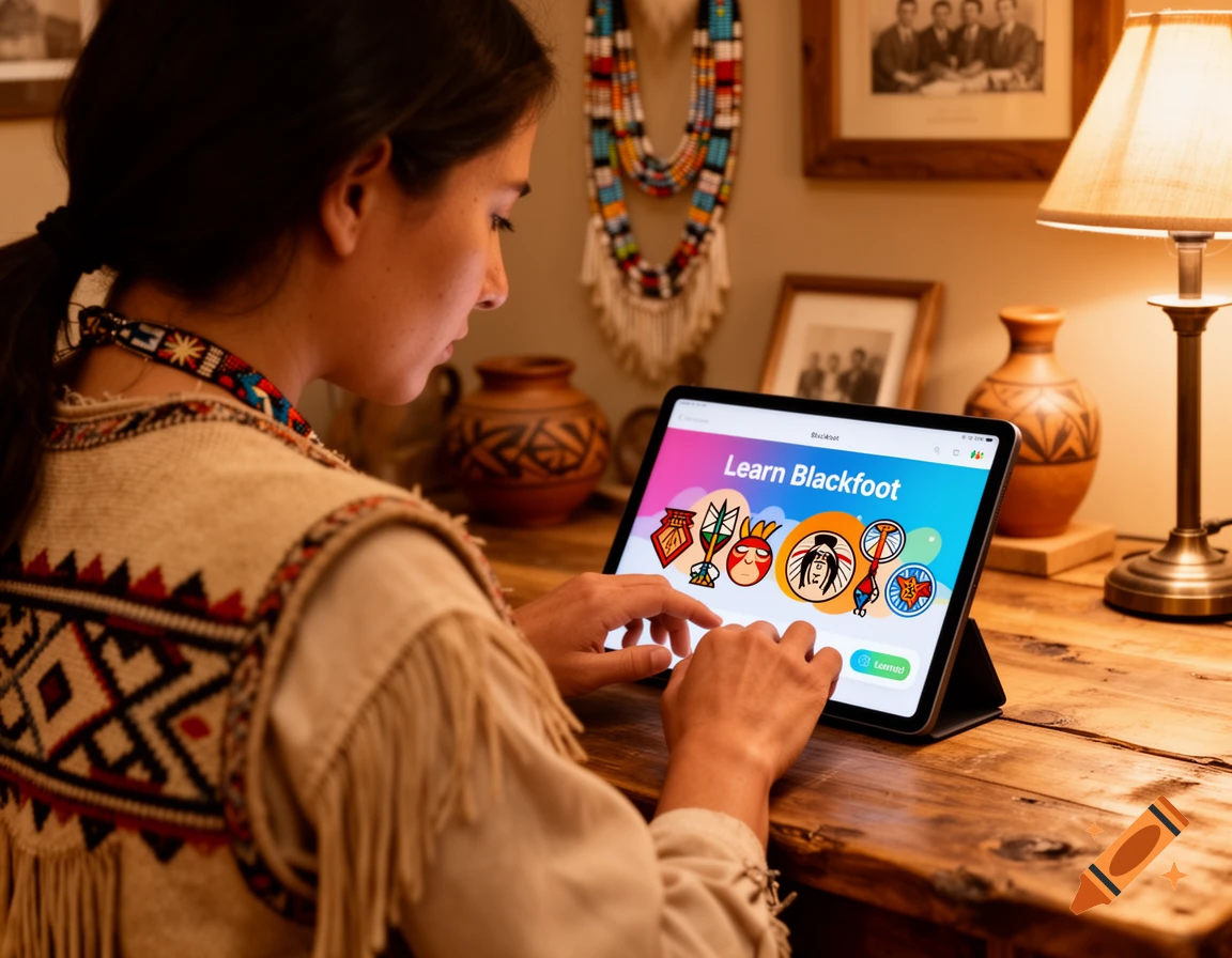 A photorealistic image of a Blackfoot person in traditional attire using a language-learning app on a tablet.