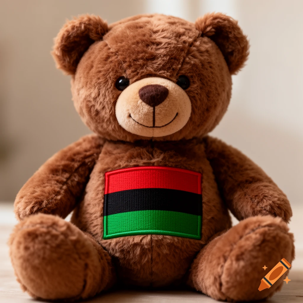 A brown teddy bear with a red, black, and green Pan-African flag patch on its belly, sitting on a light wooden surface.