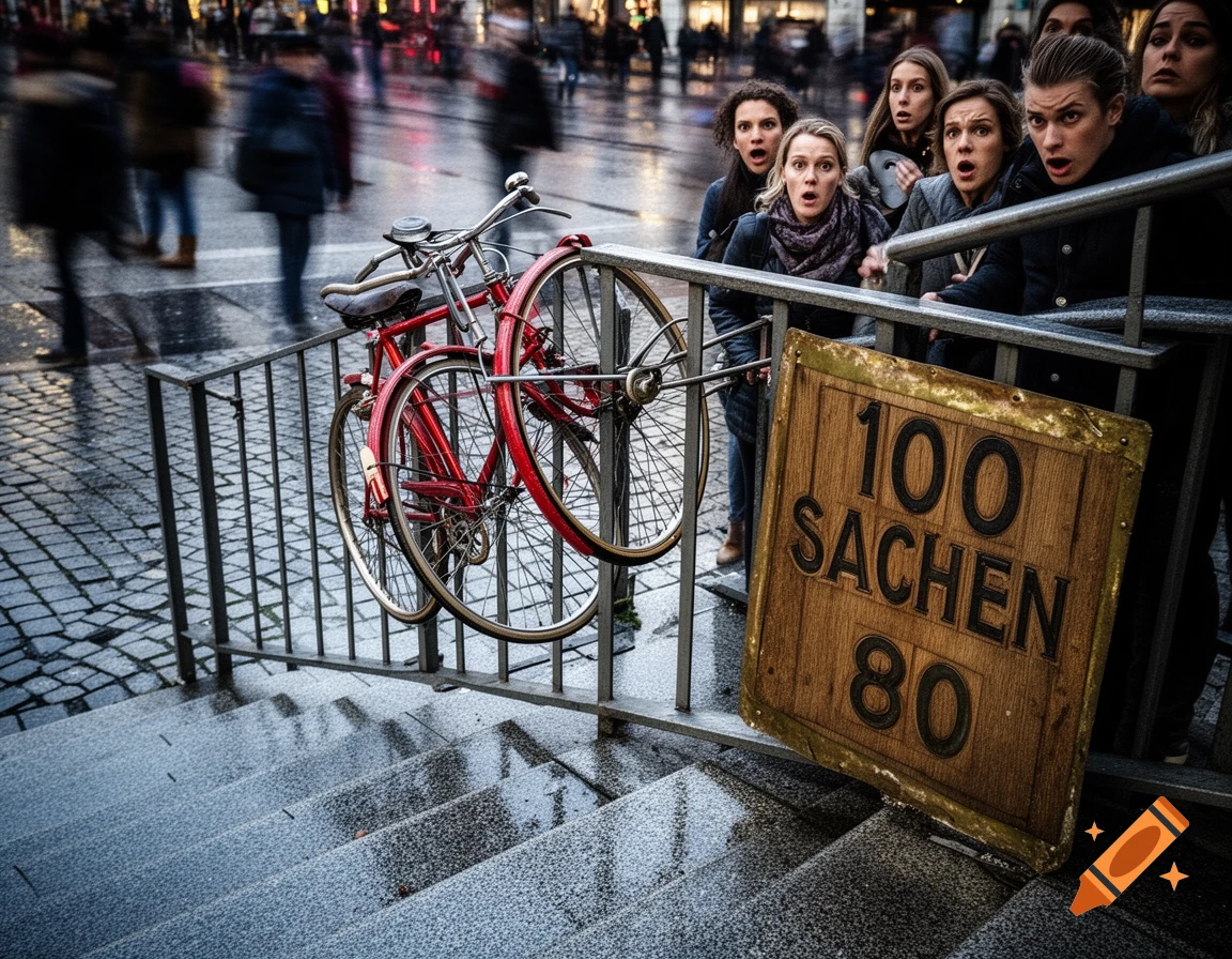 Surprised people look at a red bicycle crashed into a railing on wet city stairs, beside a "100 SACHEN 80" sign. Photorealistic.