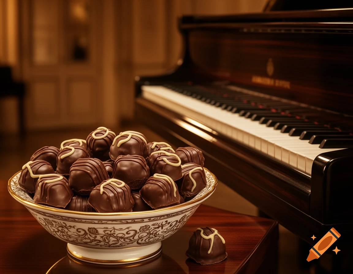 A decorative bowl overflowing with dark chocolate candies, each drizzled with white icing, sits on a glossy table beside a grand piano.