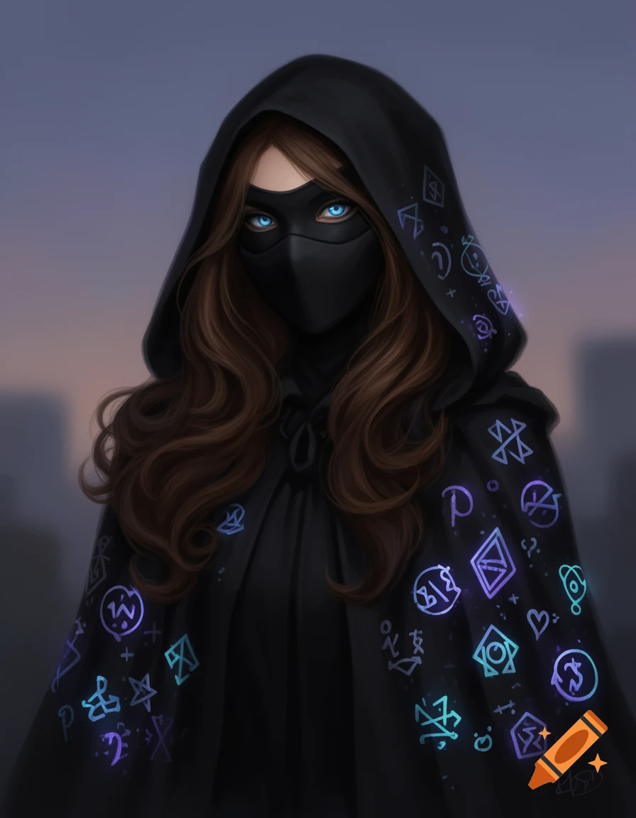 A hooded woman with long brown hair and glowing blue eyes wears a black mask and cloak adorned with glowing blue and purple symbols.