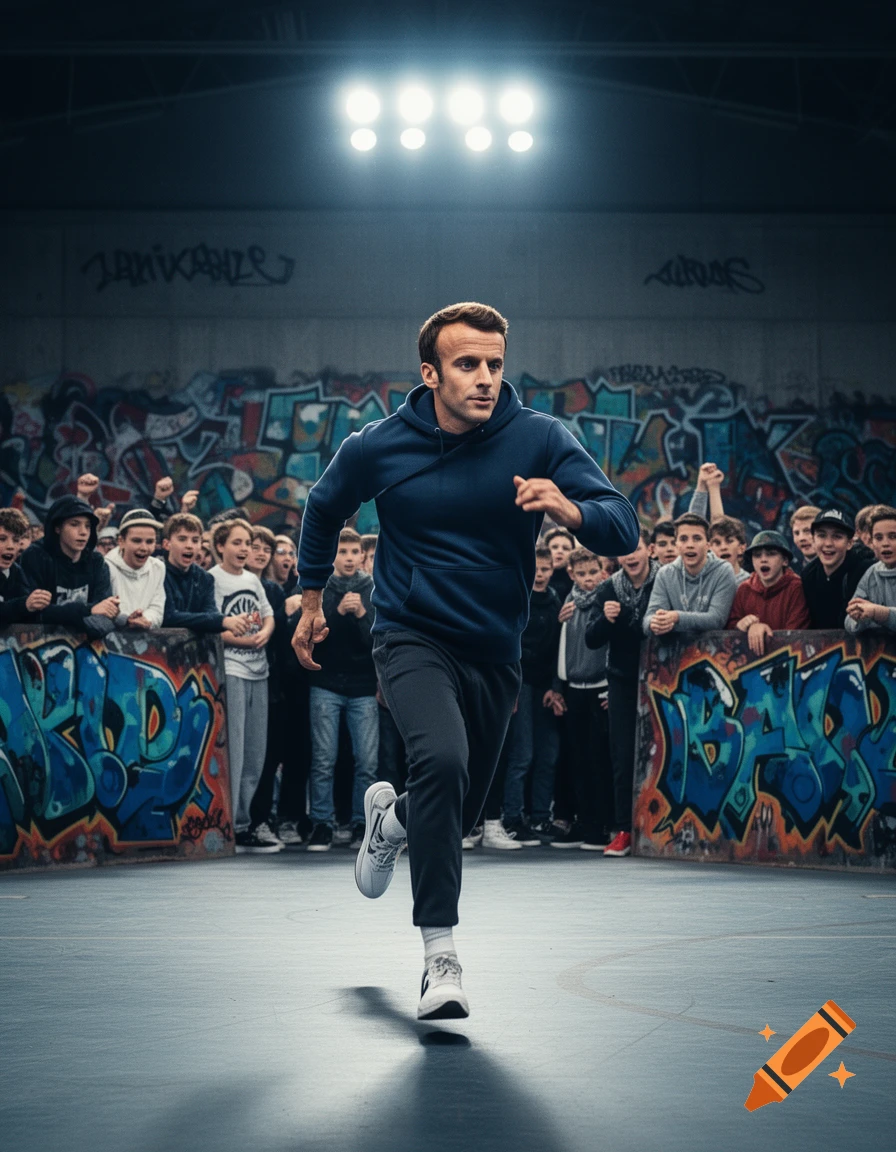 Emmanuel Macron runs past a crowd of cheering children in an urban setting with graffiti walls under stadium lights.