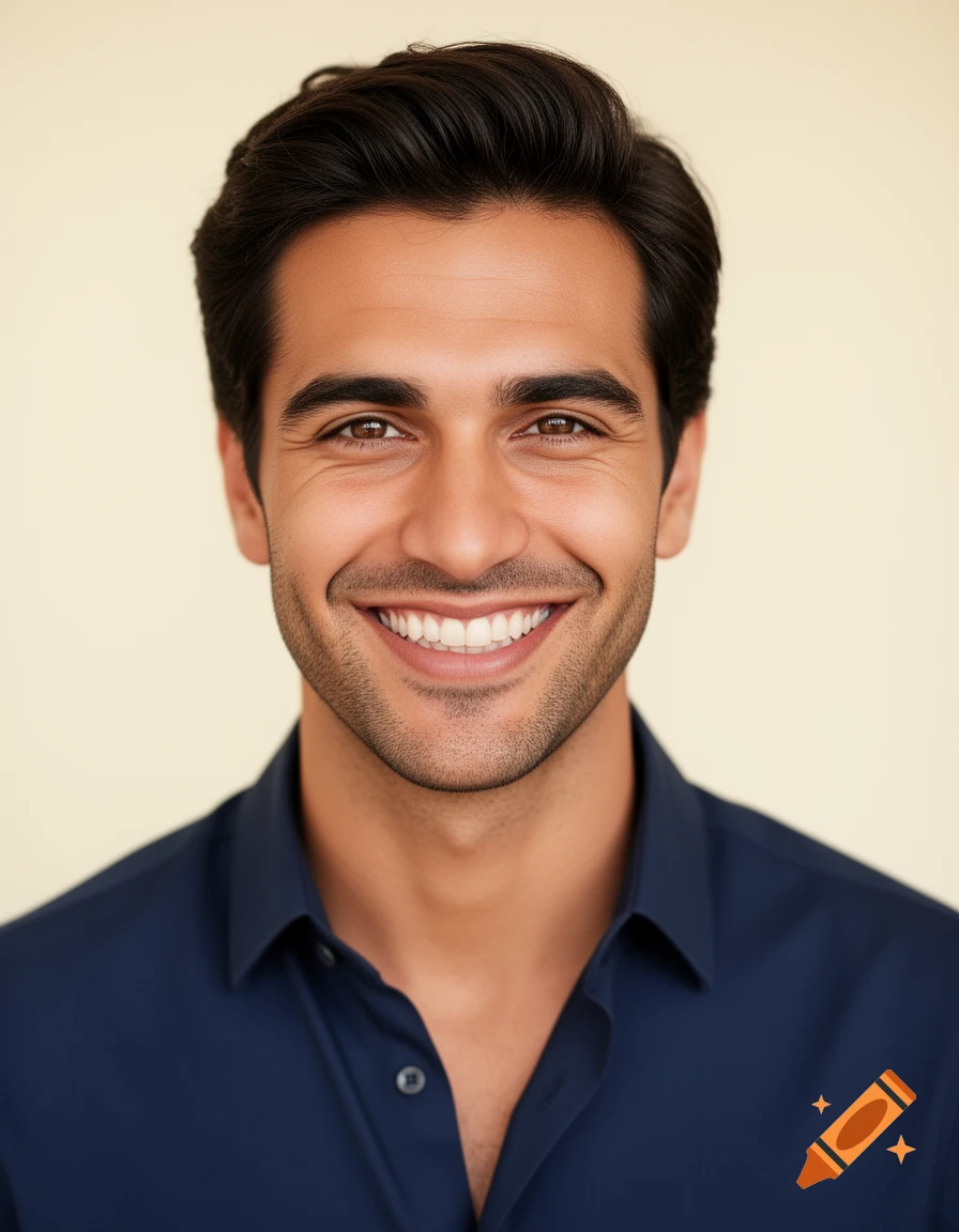 A handsome man with dark hair, brown eyes, and a neat beard smiles brightly at the viewer.