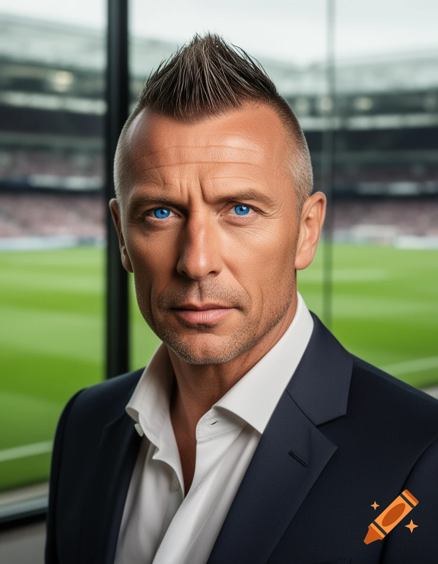 Photorealistic headshot of a man with striking blue eyes and a spiky haircut, wearing a suit in front of a blurred football stadium.