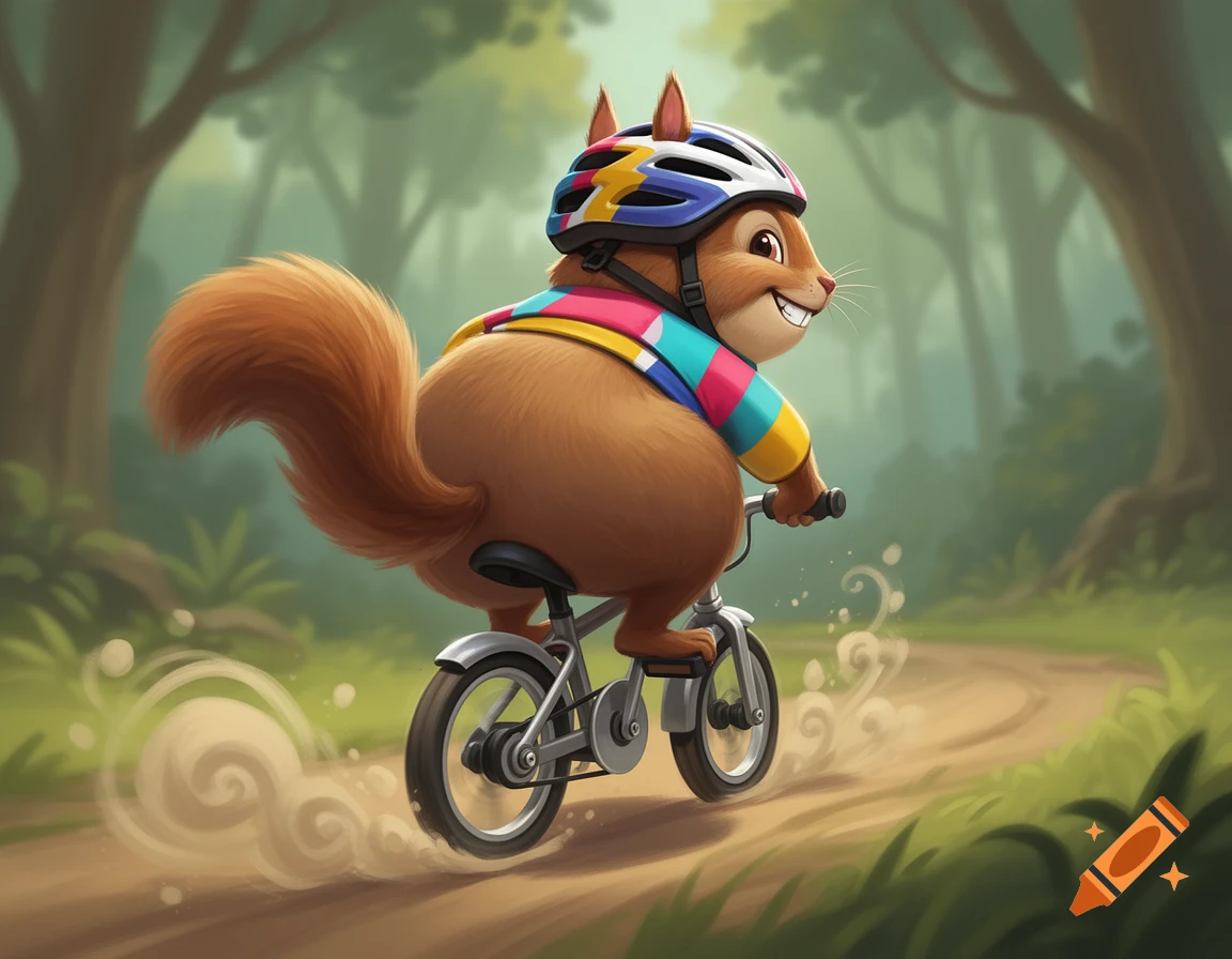 A cartoon squirrel with an exaggerated rear and colorful cycling attire rides a bicycle on a dusty forest path.