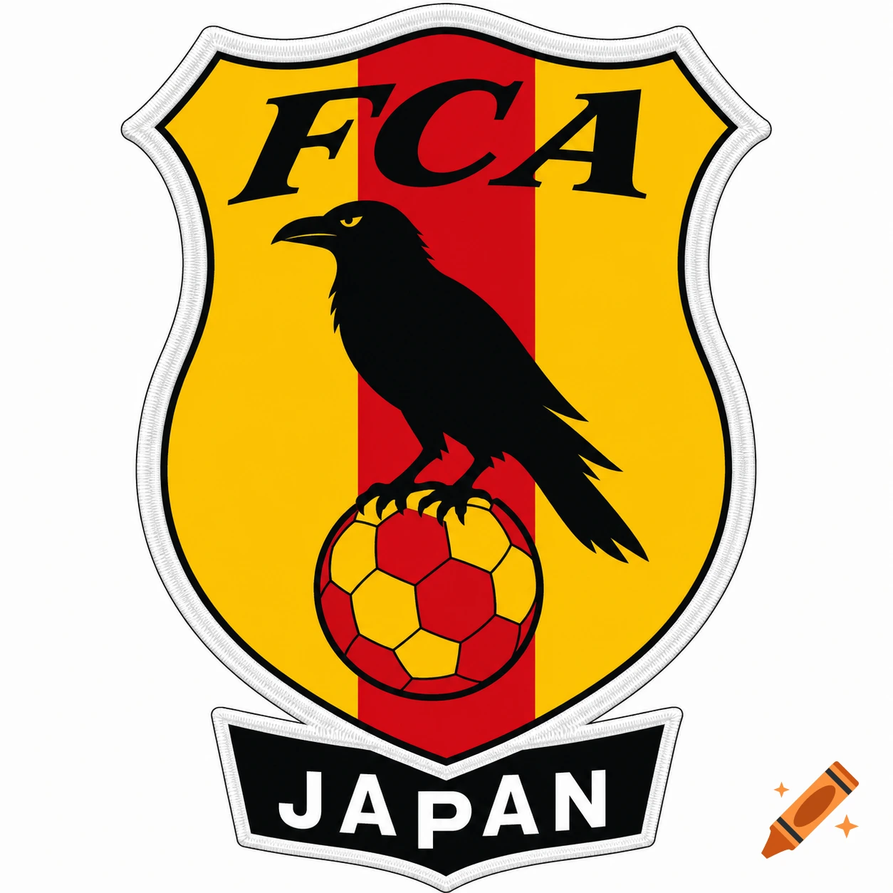 A flat vector football club badge featuring a black raven standing on a red-and-gold soccer ball, with 'FCA' text above and 'JAPAN' below, on a yellow and red shield with an embroidered white border.